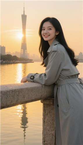 日暮黄昏广州铁塔风衣美女摄影图片